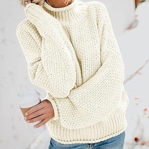 Beige-White Oversized Roll Neck Sweater